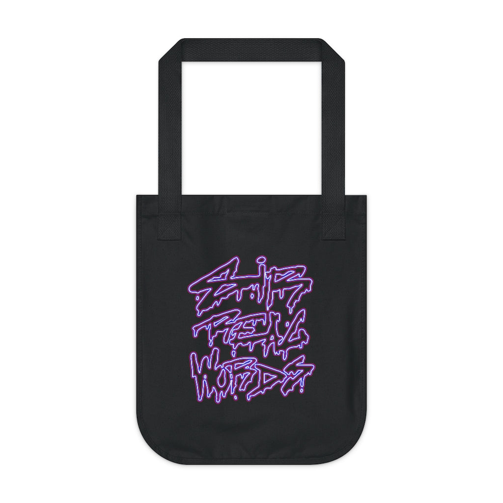 S.R.W NEON - Black Canvas Tote Bag with Sir Real Words black ink logo written large with blue and red strokes. Giving the impression of a purple neon effect. Designed by Sir Real Words for Sir Real Digital.