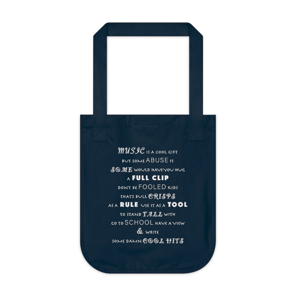 MUSIC IS COOL - Navy Canvas Tote Bag with white chalk motivational typography about the power of music using a snippet from a classic verse. Written by Sir Real Words.