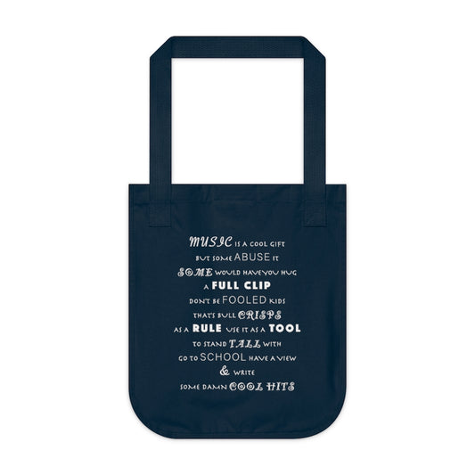 MUSIC IS COOL - Navy Canvas Tote Bag with white chalk motivational typography about the power of music using a snippet from a classic verse. Written by Sir Real Words.