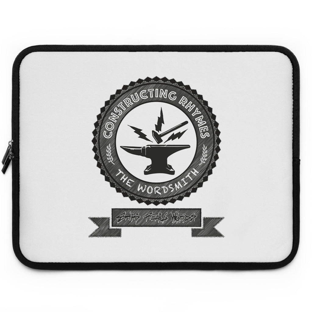 THE WORDSMITH - CONSTRUCTING RHYMES - 17 inch Black & White Laptop Sleeve with a hammer and anvil letting the sparks fly. A circular shield design comprising of both graphic and typographic art. Designed by Sir Real Words for Sir Real Digital. 