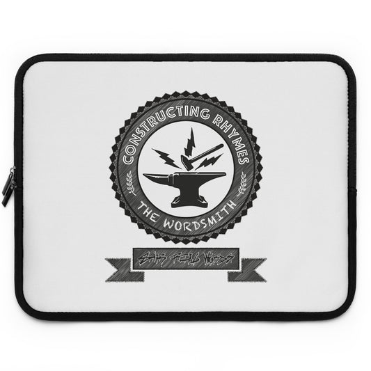 THE WORDSMITH - CONSTRUCTING RHYMES - 17 inch Black & White Laptop Sleeve with a hammer and anvil letting the sparks fly. A circular shield design comprising of both graphic and typographic art. Designed by Sir Real Words for Sir Real Digital. 