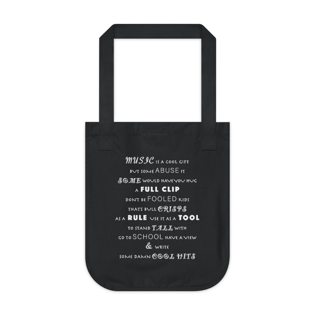 MUSIC IS COOL - Black Canvas Tote Bag with white chalk motivational typography about the power of music using a snippet from a classic verse. Written by Sir Real Words.