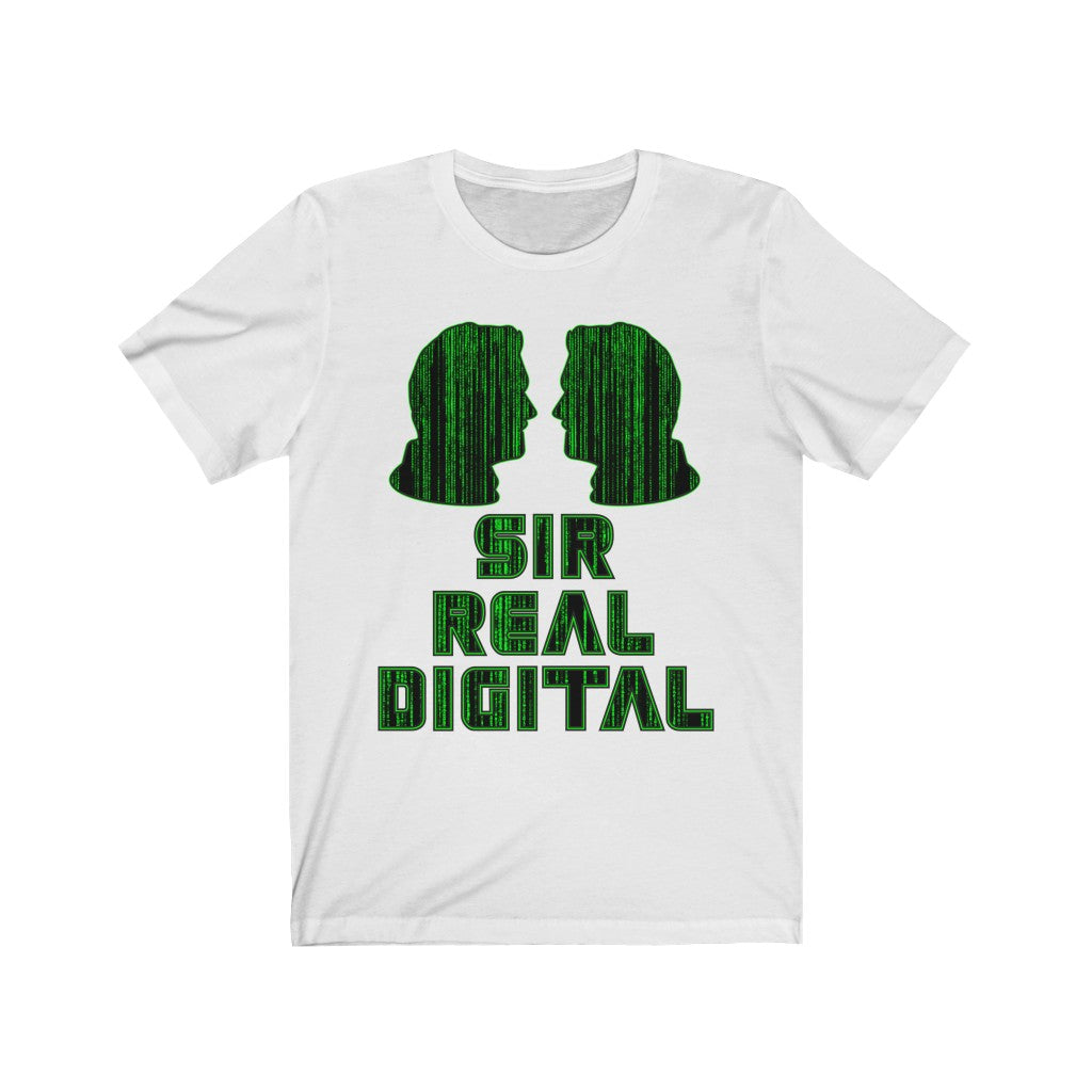 MATRIX SILHOUETTE - White T-Shirt with green digitised typographic design. "SIR REAL DIGITAL..." Created by Sir Real Words for Sir Real Digital.