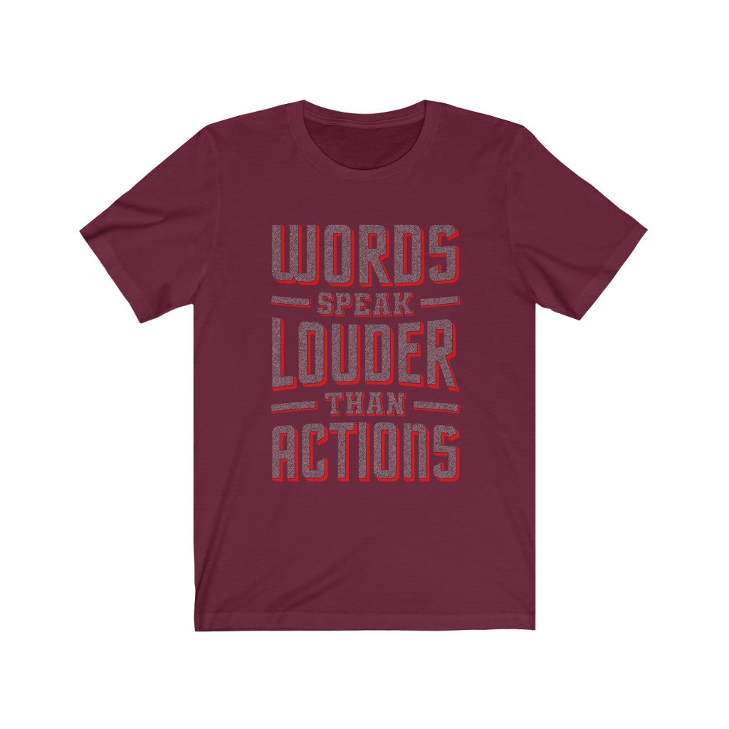 WORDS SPEAK LOUDER - Red organic canvas tote bag with “words speak than than actions” written large from top to bottom. Designed by Sir Real Words for Sir Real Digital.