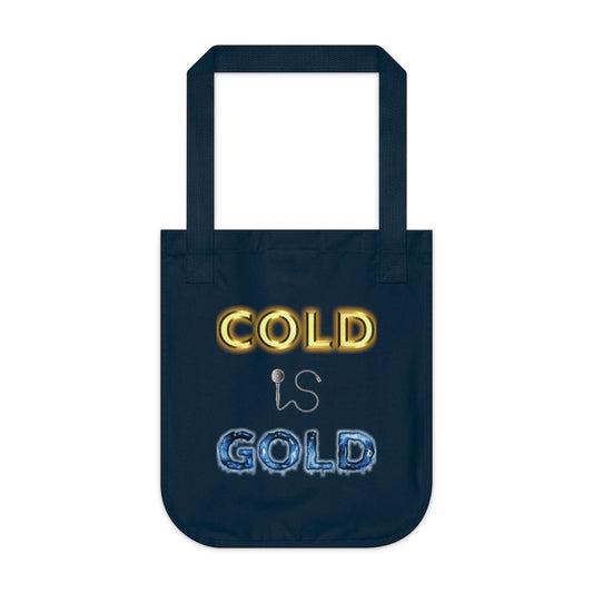 GOLD IS COLD - Navy organic canvas tote bag with our classic Cold is Gold design but with the effects reversed. The word cold is golden like bullion while the word gold is frozen stiff with icicles. The word Is is still represented by a shower head and hose. Designed by Mark Buckwell for Sir Real Digital.