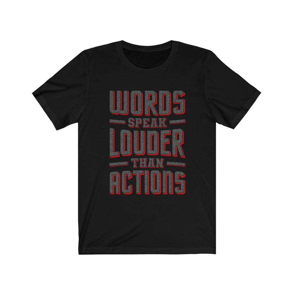 WORDS SPEAK LOUDER - Black organic canvas tote bag with “words speak than than actions” written large from top to bottom. Designed by Sir Real Words for Sir Real Digital.